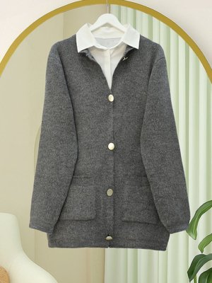 Füme Önü Düğmeli Çift Cepli Yumoş Triko Hırka