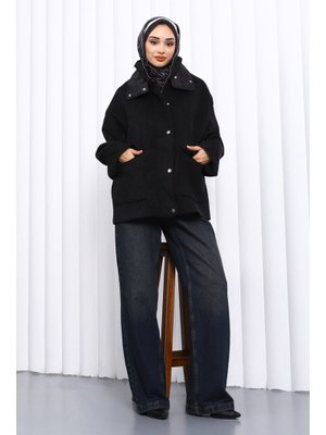 Siyah Fermuarlı Astarlı Oversize Kaşe Kaban
