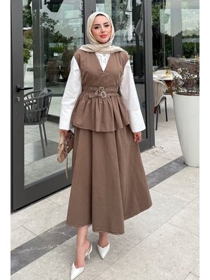 Kahverengi Tokalı Yelekli Denim Takım