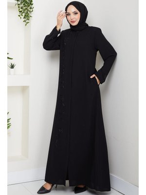 Siyah Gizli Patlı Taşlı Ferace