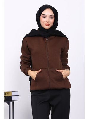 Kahverengi Kanguru Cepli Şardonlu Üç İplik Hırka