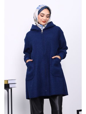 Lacivert Fermuarlı Cepli Buklet Kaban