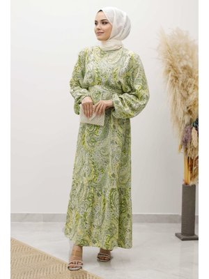 Yeşil Şal Desen Kuşaklı Elbise