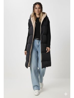 Krem Siyah Yelek Çift Taraflı Kapüşonlu Cepli