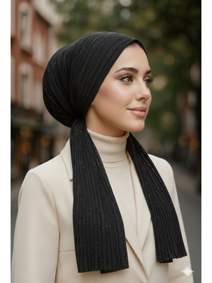 Siyah Gümüş Işıltılı Eşarp Bone