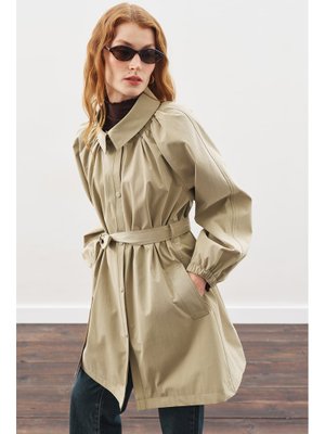 Haki Oversıze Bağlamalı Midi Trençkot