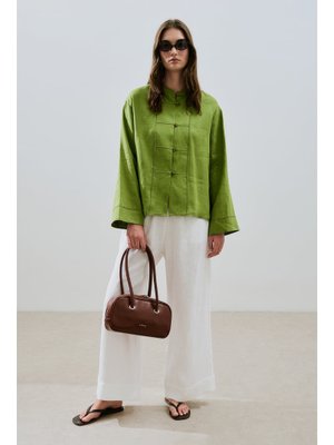 Fıstık Yeşili Keten Önden Düğmeli Gömlek
