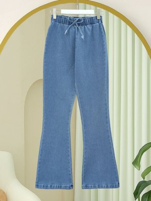 Mavi Beli Lastikli Bağcık Detaylı İspanyol Paça Kot Pantolon