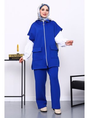 Saks Mavi Fermuarlı Yelek Pantolonlu Scuba Takım