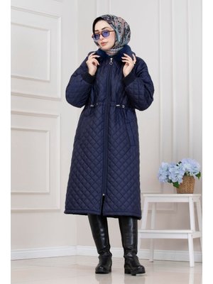 Lacivert Yakası Kürklü Capitone Mont