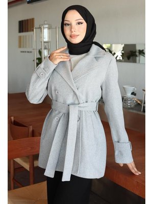 Gri Düğme Detaylı Kaşe Kaban