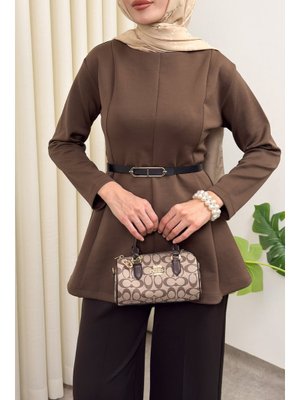 Açık Kahve Kemerli Peplum Bluz