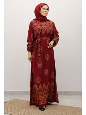 Bordo Çini Desenli Viskon Elbise