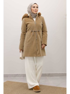 Camel Kapüşonlu Fermuarlı Fox Kaban