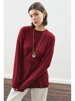 Bordo Beli Bağlama Tasarımlı Bluz