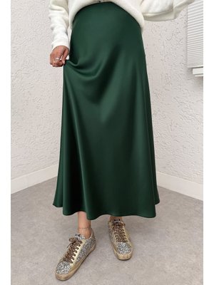 Zümrüt Yeşili A Kesim Saten Etek