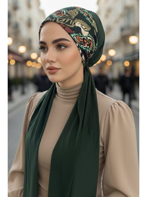 Zümrüt Yaprak Desenli Eşarp Bone