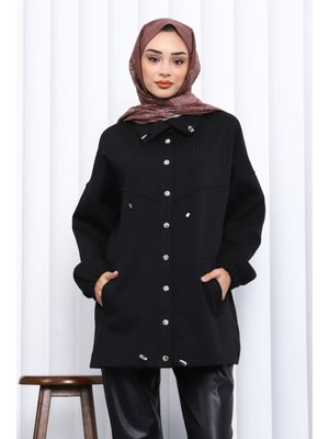 Siyah Çıtçıt Detaylı Cepli Ceket