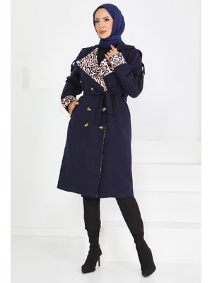 Lacıvert Lacivert Düğmeli Leopar Detaylı Miranda Trençkot