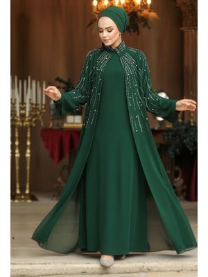 Boncuk İşlemeli Zümrüt Yeşili Abaya Takım 25903zy