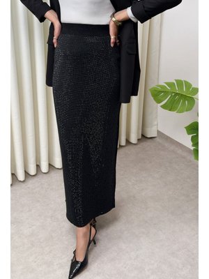 Siyah Işıltılı Taş İşlemeli Etek