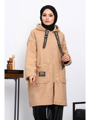 Bisküvi Kapüşonlu Cep Detaylı Buklet Kaban
