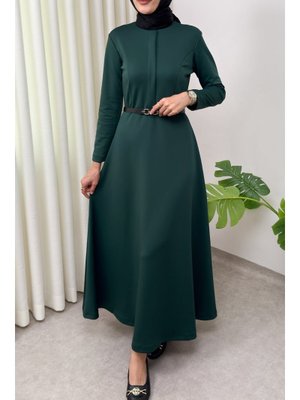 Zümrüt Yeşili Scuba Suni Deri Kemerli Elbise