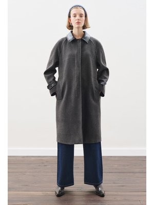 Antrasit Deri Detaylı Kaşe Kaban