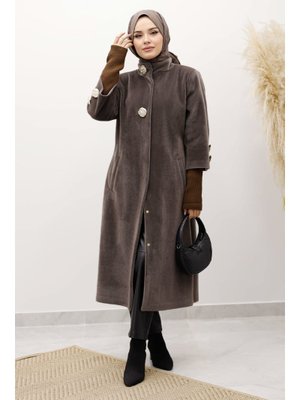 Kahverengi Kol Ucu Triko Detaylı Angora Fox Kaban