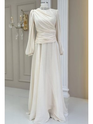 Krem Nergis Abiye Elbise