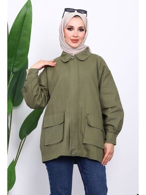Haki Cep Detaylı Fermuarlı Gabardin Ceket
