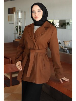 Kahverengi Düğme Detaylı Kaşe Kaban