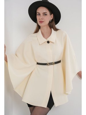 Ekru Kemerli Kaşe Panço