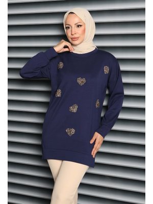 Lacıvert Lacivert Kalp Taşlı İşlemeli Modal Tunik