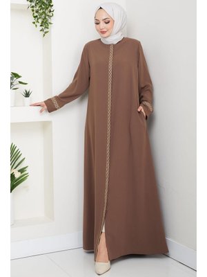 Kahverengi Çiçek Nakışlı Büyük Beden Ferace