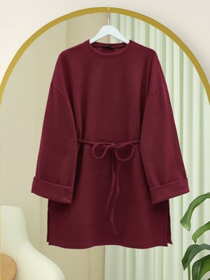Bordo Kolu Katlı Beli Bağlamalı Yırtmaçlı Selanik Tunik