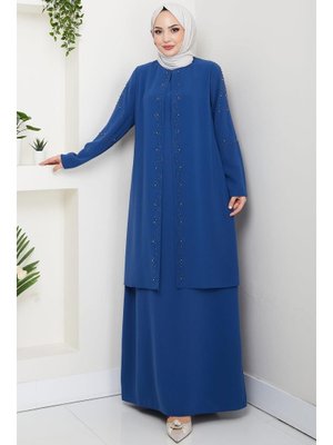 İndigo Büyük Beden Boncuklu Taşlı Anne Elbisesi