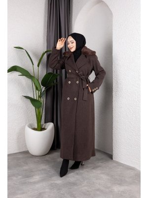 Kruvaze Kürk Yaka Kuşaklı Tam Boy Manto Kaban