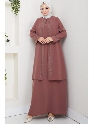 Kiremit Parlak Taşlı Büyük Beden Anne Elbisesi