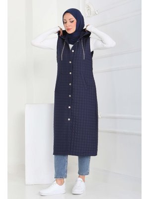 Lacivert Lacıvert Cepli Zincir Detaylı Kapitone Yelek