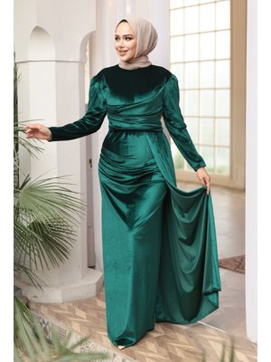 Kuyruk Detaylı Zümrüt Yeşili Kadife Abiye Elbise 57912zy
