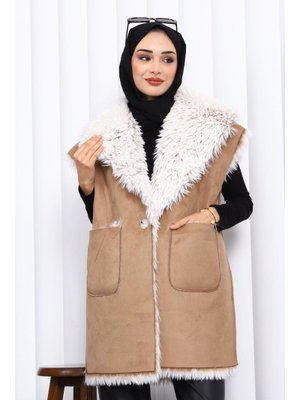 Vizon Kruvaze Yaka İçi Kürklü Süet Yelek