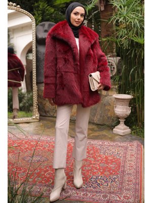 Bordo Kemerli Astarlı Kürk Kaban