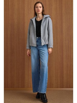 Açık Gri Kapüşonlu Beli Lastikli Oversize Kısa Kaban