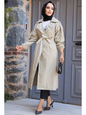 Boncuk Detaylı Açık Haki Trençkot 639ahk
