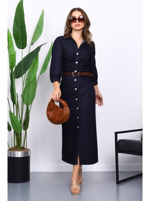 Lacivert Bel Büzgülü Kemerli Kot Elbise