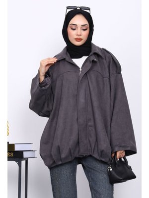 Füme Eteği Pileli Oversize Süet Ceket