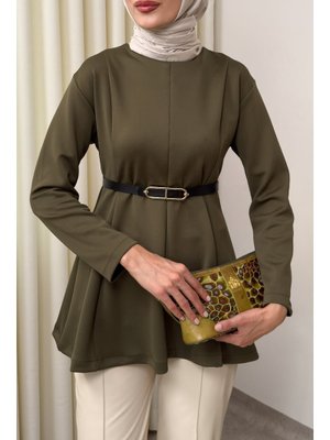 Koyu Haki Kemerli Peplum Bluz
