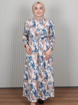 Mavi Bağlamalı Detaylı Desenli Elbise