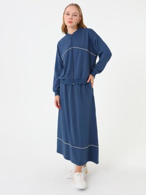 Petrol Çizgi Detaylı Fermuarlı Sweatshirt Ve Uzun Etek Takım